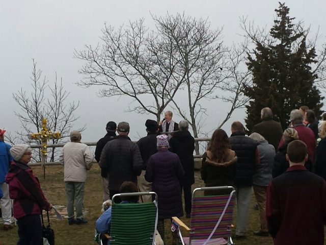 Members of the Waquoit church community gathered outside together